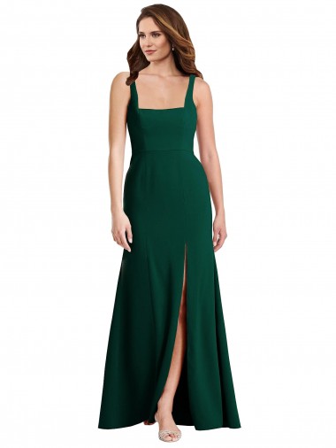 Compre Verde Midnight Trompeta Cuadrado Crepé Elástico Largo Vestidos de dama de honor / Vestidos de fiesta