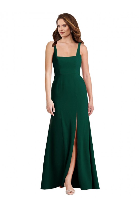 Compre Verde Midnight Trompeta Cuadrado Crepé Elástico Largo Vestidos de dama de honor / Vestidos de fiesta