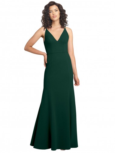 Compre Verde Midnight línea A Cuello en V Crepé Elástico Largo Formales Vestidos de dama de honor / Vestidos de fiesta