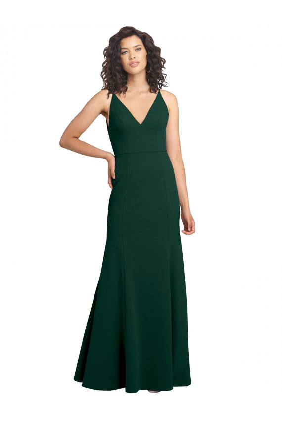 Compre Verde Midnight línea A Cuello en V Crepé Elástico Largo Formales Vestidos de dama de honor / Vestidos de fiesta
