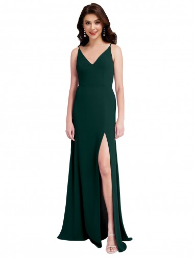 Compre Verde Midnight línea A Cuello en V Crepé Elástico Largo Formales Vestidos de dama de honor / Vestidos de fiesta