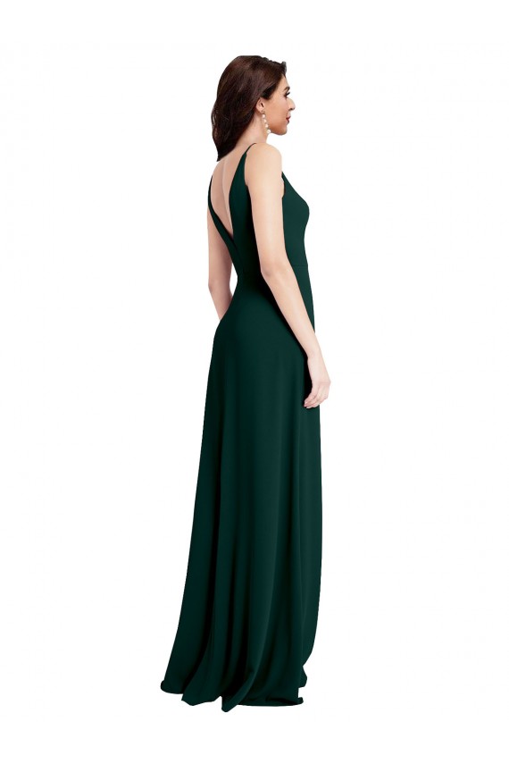 Compre Verde Midnight línea A Cuello en V Crepé Elástico Largo Formales Vestidos de dama de honor / Vestidos de fiesta
