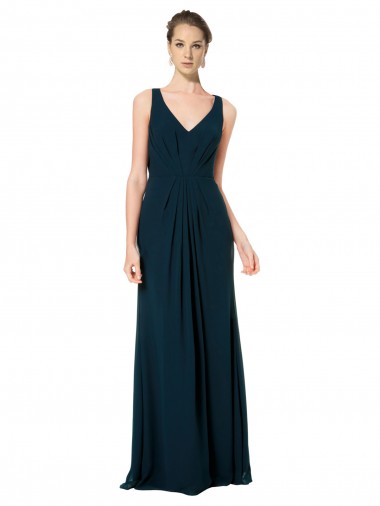 Compre Verde Midnight línea A Cuello en V Gasa Largo Vestidos de dama de honor