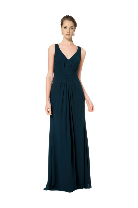 Compre Verde Midnight línea A Cuello en V Gasa Largo Vestidos de dama de honor