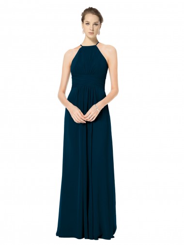 Compre Verde Midnight línea A Tirantes espagueti Halter Gasa Largo Vestidos de dama de honor