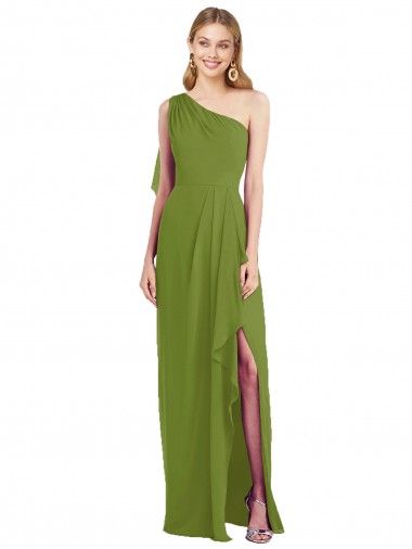 Compre Verde Oliva Trompeta Un Hombre Gasa Largo Vestidos de dama de honor