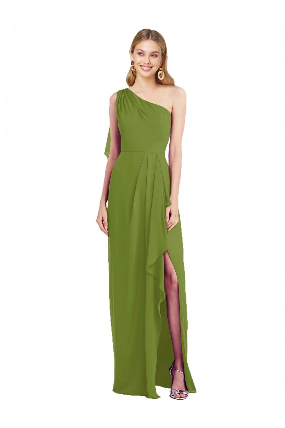Compre Verde Oliva Trompeta Un Hombre Gasa Largo Vestidos de dama de honor