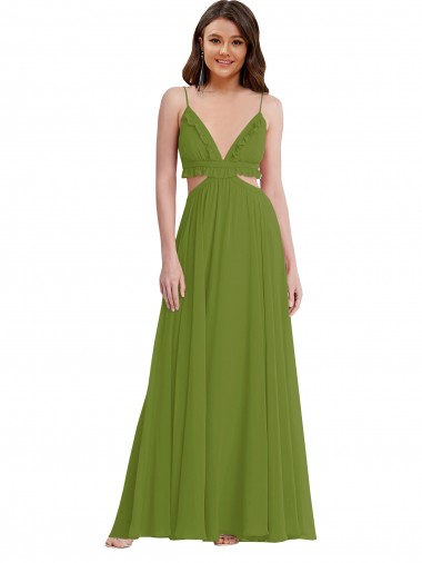 Compre Verde Oliva línea A Cuello en V Gasa Largo Vestidos de dama de honor