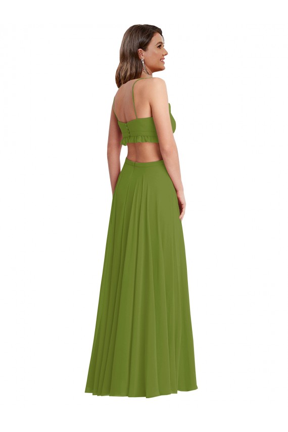 Compre Verde Oliva línea A Cuello en V Gasa Largo Vestidos de dama de honor