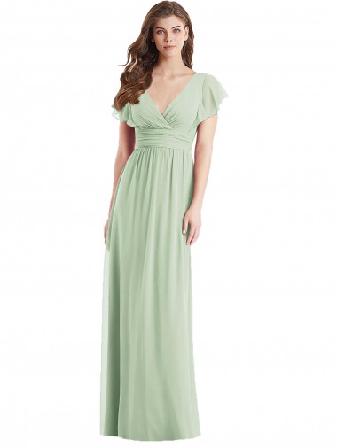 Compre Verde Salvia Trompeta Cuello en V Gasa Largo Vestidos de dama de honor