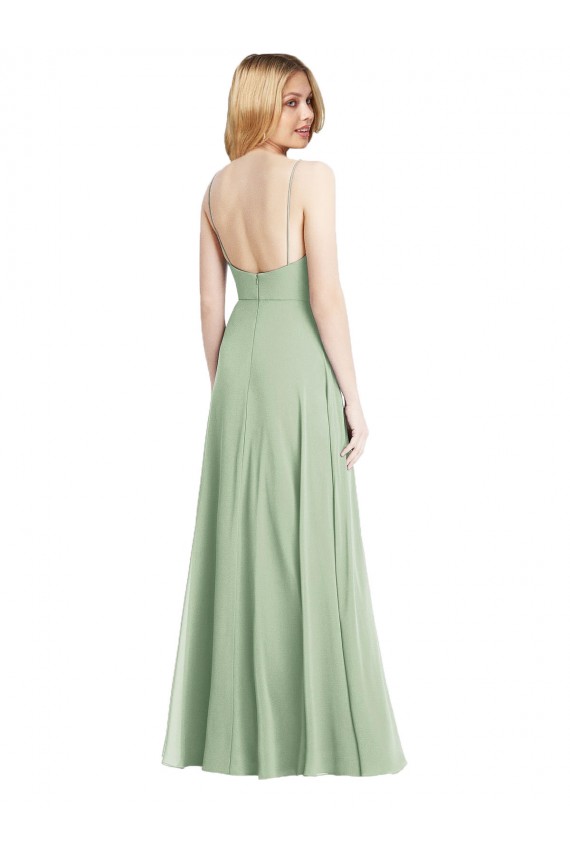 Compre Verde Salvia Trompeta Tirantes espagueti Cuadrado Gasa Largo Formales Vestidos de dama de honor / Vestidos de noche