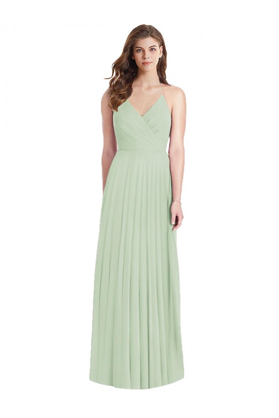 Compre Verde Salvia Trompeta Tirantes espagueti Cuello en V Gasa Largo Vestidos de dama de honor