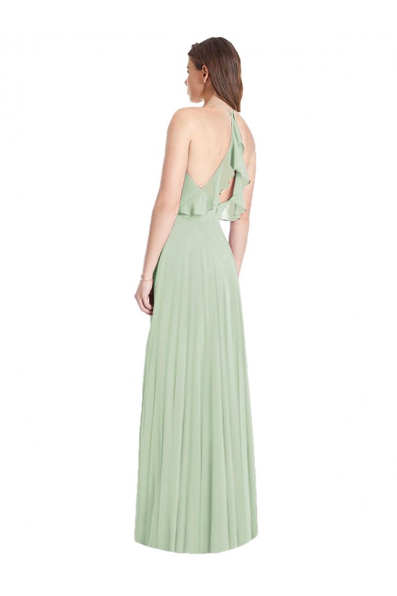 Compre Verde Salvia Trompeta Tirantes espagueti Cuello en V Gasa Largo Vestidos de dama de honor