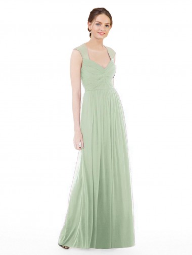 Compre Verde Salvia línea A Cuello de Corazón Gasa Largo Vestidos de dama de honor