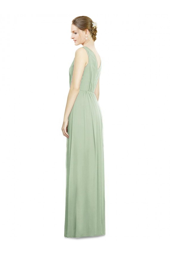 Compre Verde Salvia línea A Cuello en V Gasa Largo Vestidos de dama de honor