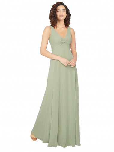 Compre Verde Salvia línea A Cuello en V Gasa Largo Vestidos de dama de honor