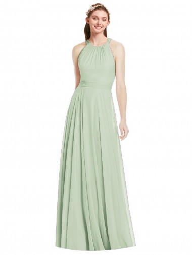 Compre Verde Salvia línea A Halter Gasa Largo Vestidos de dama de honor