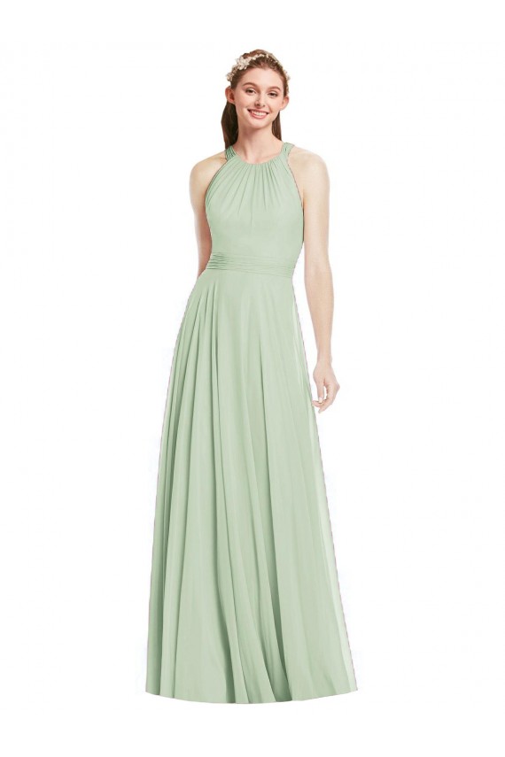 Compre Verde Salvia línea A Halter Gasa Largo Vestidos de dama de honor