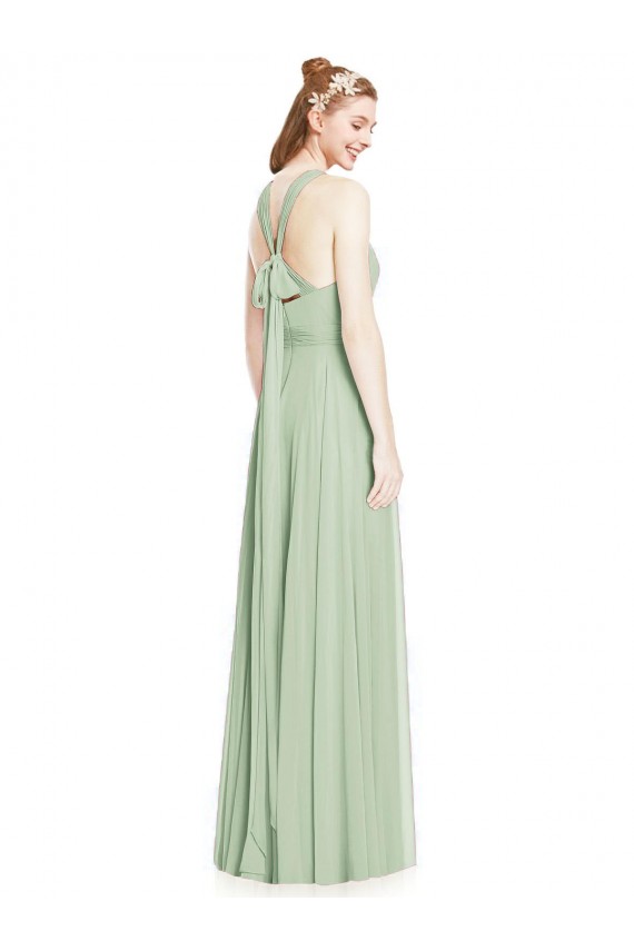 Compre Verde Salvia línea A Halter Gasa Largo Vestidos de dama de honor