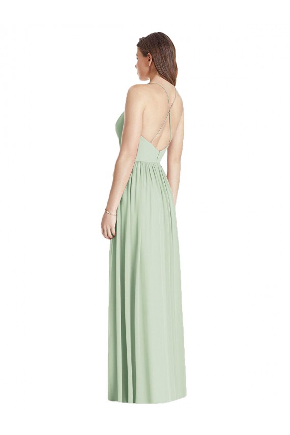 Compre Verde Salvia línea A Tirantes espagueti Cuello en V Gasa Largo Vestidos de dama de honor