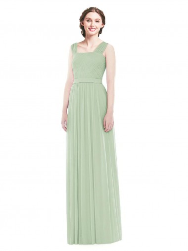 Compre Verde Salvia línea A Tirantes espagueti Gasa Largo Vestidos de dama de honor