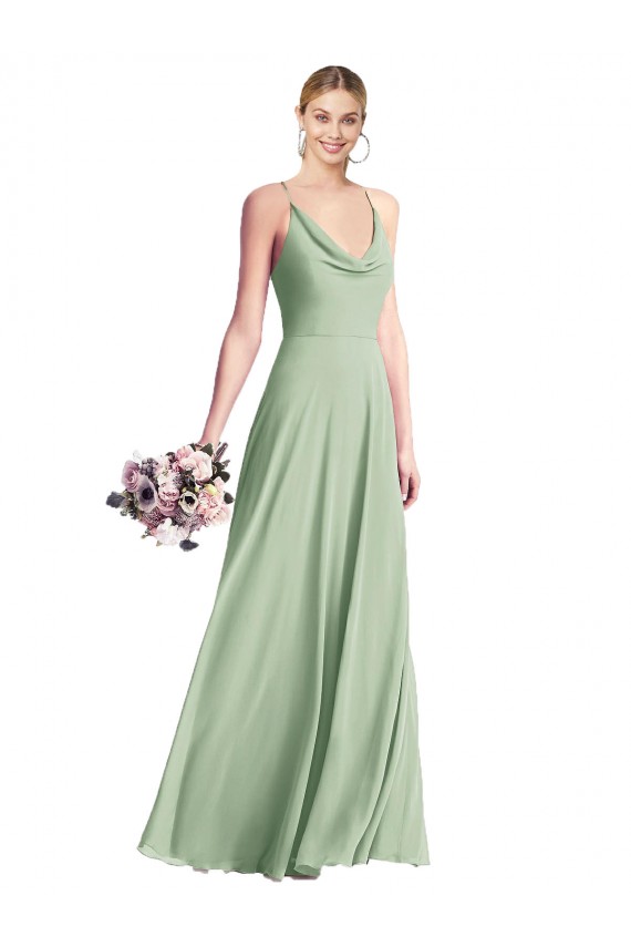 Compre Verde Salvia línea A Tirantes espagueti Gasa Largo Vestidos de dama de honor