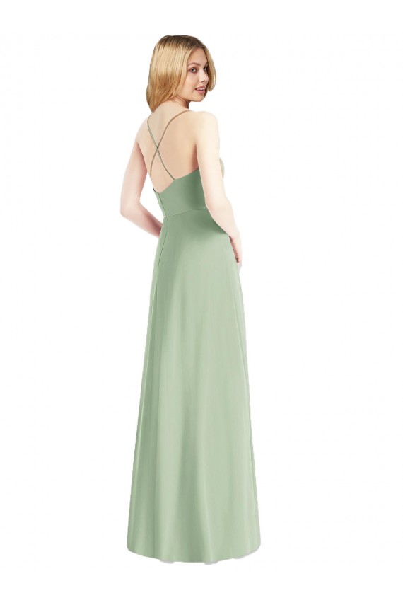 Compre Verde Salvia línea A Tirantes espagueti Gasa Largo Vestidos de dama de honor