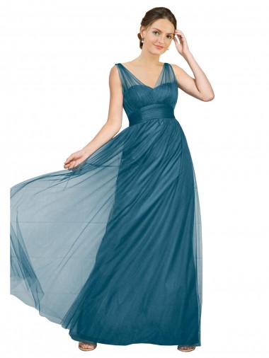 Compre Verde azulado línea A Cuello en V Tul Largo Vestidos de dama de honor