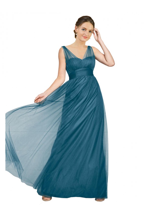 Compre Verde azulado línea A Cuello en V Tul Largo Vestidos de dama de honor