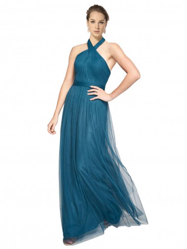 Compre Verde azulado línea A Halter Cuello Alto Tul Largo Vestidos de dama de honor
