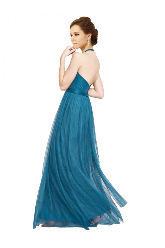Compre Verde azulado línea A Halter Cuello Alto Tul Largo Vestidos de dama de honor