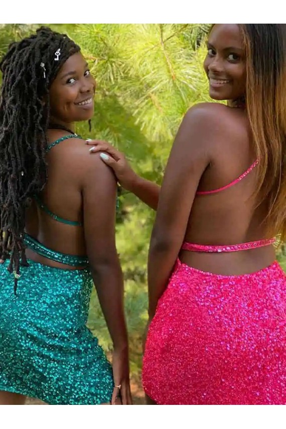 Compre Verde oscuro Cubierta Cuello en V Corto Lentejuelas Terciopelo Corto Vestidos de fiesta