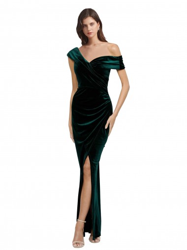 Compre Verde oscuro Cubierta Hombros Descubiertos Terciopelo Elástico Largo Asimétrico Formales Vestidos de dama de honor / Vestidos de fiesta