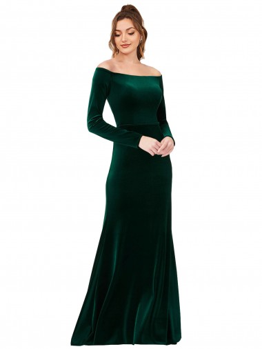 Compre Verde oscuro Cubierta Hombros Descubiertos Terciopelo Elástico Largo Formales Vestidos de dama de honor / Vestidos de fiesta