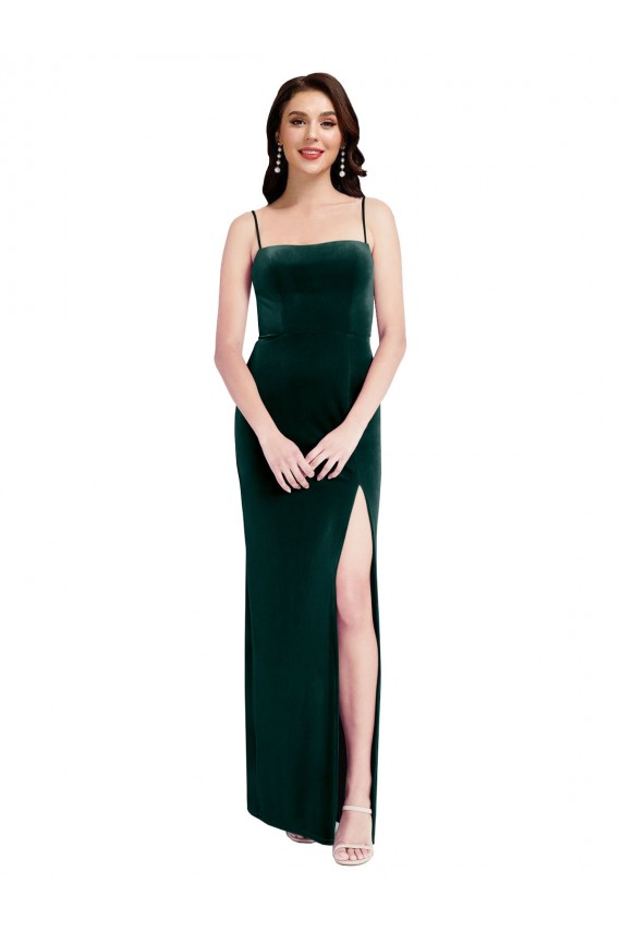 Compre Verde oscuro Cubierta Tirantes espagueti Cuadrado Terciopelo Elástico Largo Vestidos de dama de honor / Vestidos de fiesta