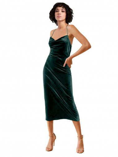 Compre Verde oscuro Cubierta Tirantes espagueti Midi Terciopelo Elástico Corto Formales Vestidos de dama de honor / Vestidos de fiesta / Vestidos de cóctel
