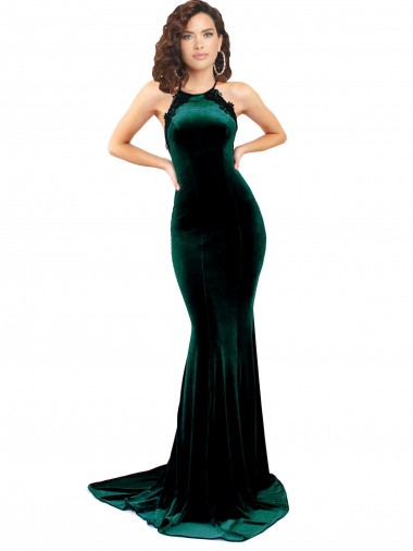 Compre Verde oscuro Sirena Cuello Alto Barrer tren Terciopelo Elástico Largo Formales Vestidos de dama de honor / Vestidos de fiesta