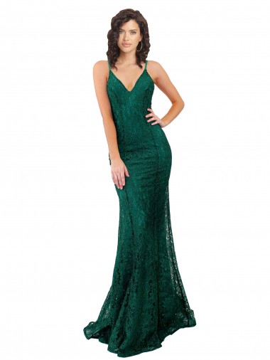 Compre Verde oscuro Sirena Cuello en V Encaje Largo Vestidos de dama de honor / Vestidos de fiesta