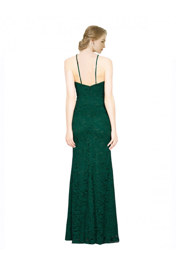Compre Verde oscuro Sirena Halter Cuello Alto Encaje Largo Vestidos de dama de honor / Vestidos de fiesta