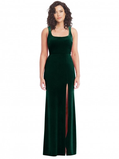 Compre Verde oscuro Trompeta Cuadrado Terciopelo Elástico Largo Vestidos de dama de honor / Vestidos de fiesta