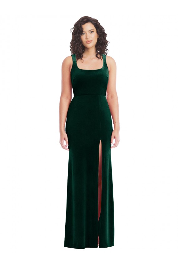 Compre Verde oscuro Trompeta Cuadrado Terciopelo Elástico Largo Vestidos de dama de honor / Vestidos de fiesta