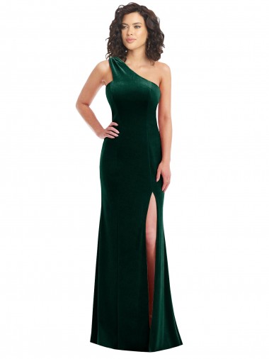 Compre Verde oscuro Trompeta Un Hombre Terciopelo Elástico Largo Vestidos de dama de honor / Vestidos de fiesta