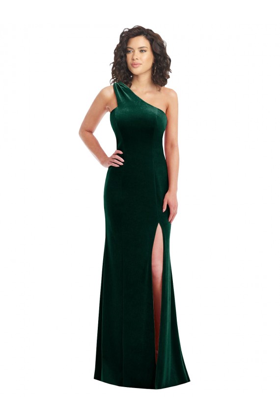 Compre Verde oscuro Trompeta Un Hombre Terciopelo Elástico Largo Vestidos de dama de honor / Vestidos de fiesta