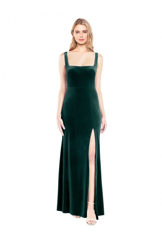 Compre Verde oscuro línea A Cuadrado Terciopelo Elástico Largo Vestidos de dama de honor / Vestidos de fiesta