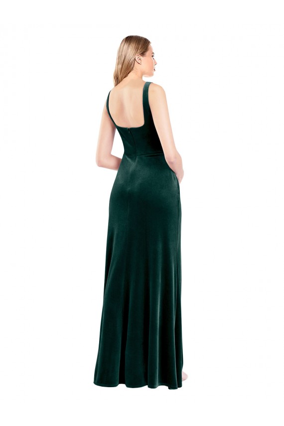 Compre Verde oscuro línea A Cuadrado Terciopelo Elástico Largo Vestidos de dama de honor / Vestidos de fiesta
