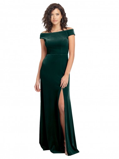 Compre Verde oscuro línea A Cuadrado Terciopelo Elástico Largo Formales Vestidos de dama de honor / Vestidos de fiesta