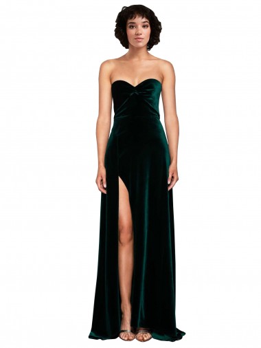 Compre Verde oscuro línea A Cuello de Corazón Barrer tren Terciopelo Elástico Largo Vestidos de dama de honor / Vestidos de fiesta