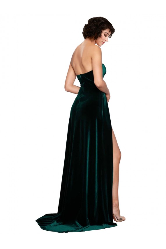 Compre Verde oscuro línea A Cuello de Corazón Barrer tren Terciopelo Elástico Largo Vestidos de dama de honor / Vestidos de fiesta