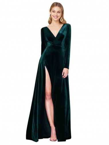 Compre Verde oscuro línea A Cuello en V Barrer tren Terciopelo Elástico Largo Formales Vestidos de dama de honor / Vestidos de fiesta