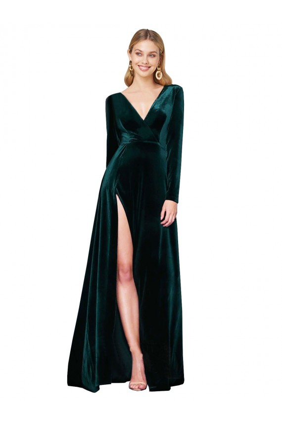 Compre Verde oscuro línea A Cuello en V Barrer tren Terciopelo Elástico Largo Formales Vestidos de dama de honor / Vestidos de fiesta